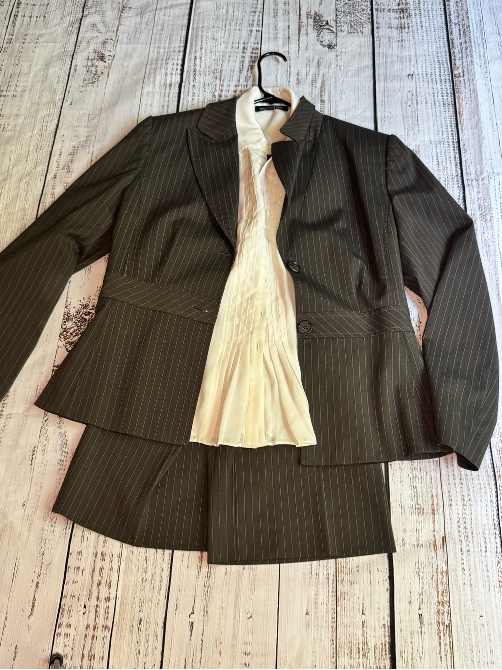 Alex Marie Brown Pinstripe Skirt Suit with Gold Label
